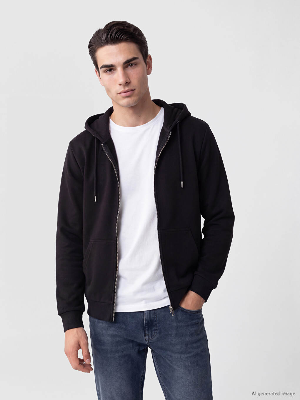 Siyah Kapüşonlu Erkek Fermuarlı Sweatshirt