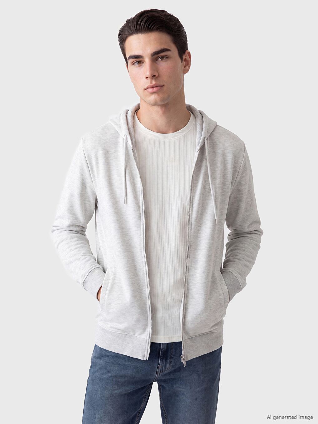 Gri Kapüşonlu Erkek Fermuarlı Sweatshirt