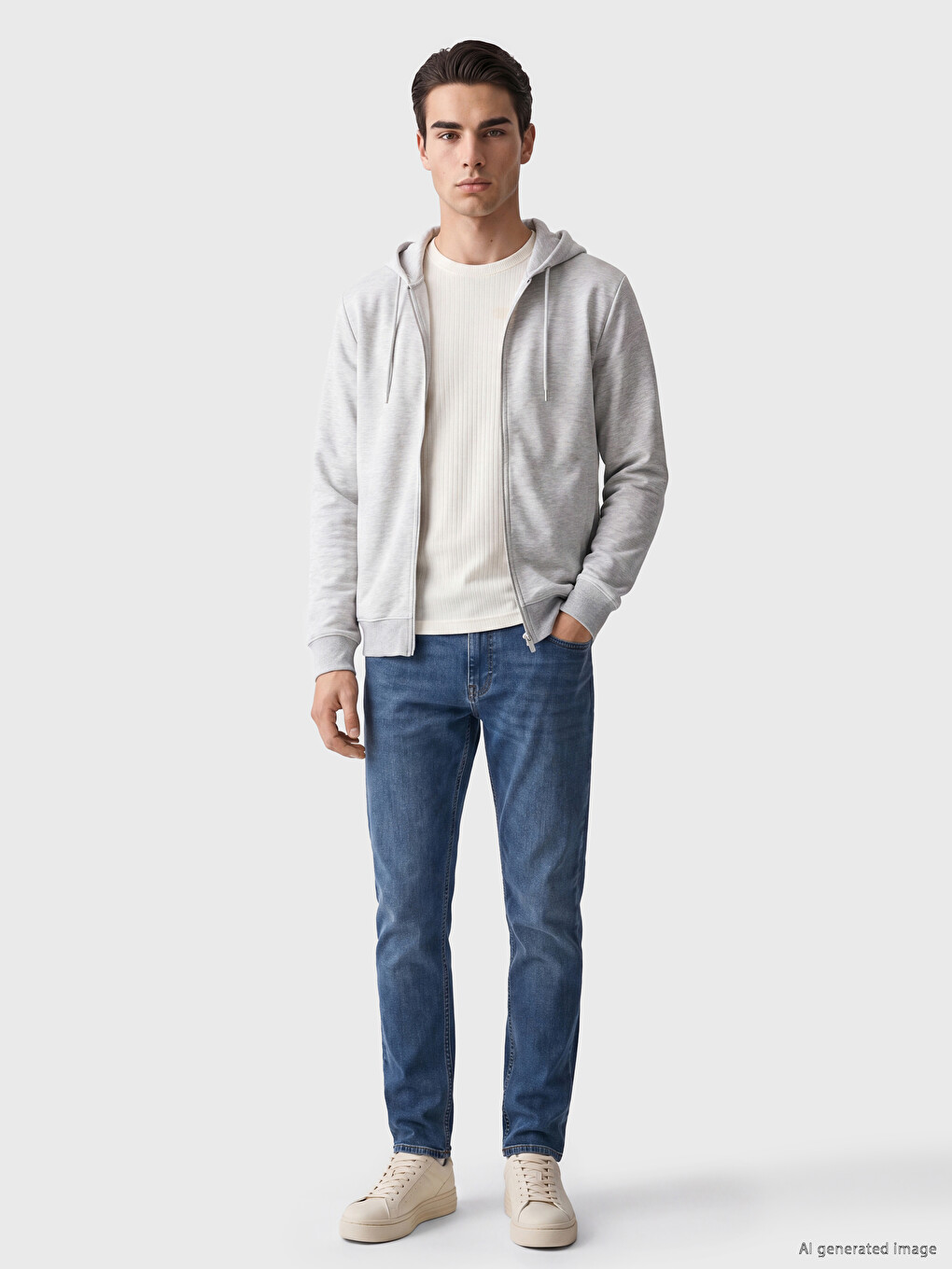 Gri Kapüşonlu Erkek Fermuarlı Sweatshirt-1