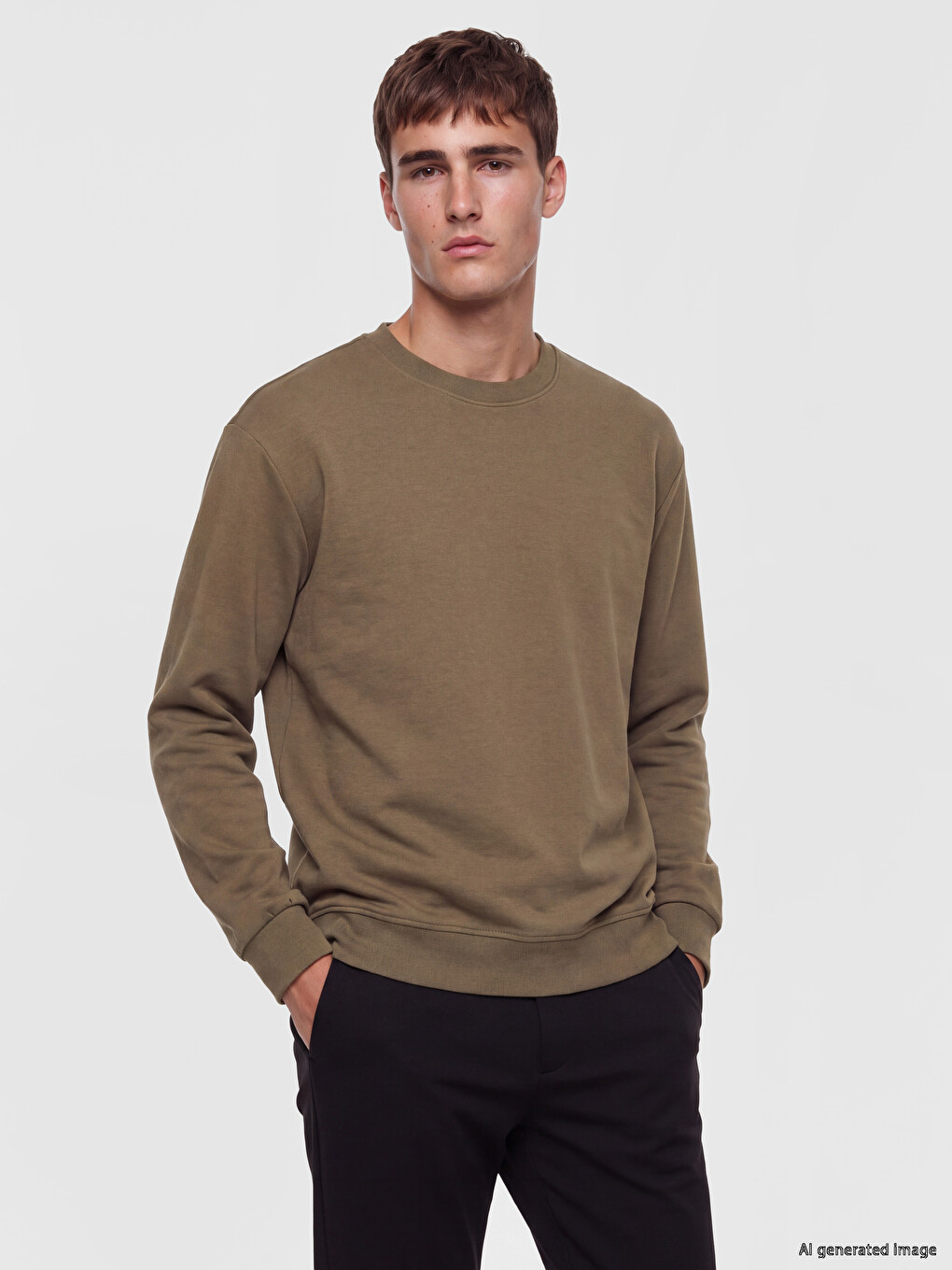 Haki Bisiklet Yaka Erkek Sweatshirt