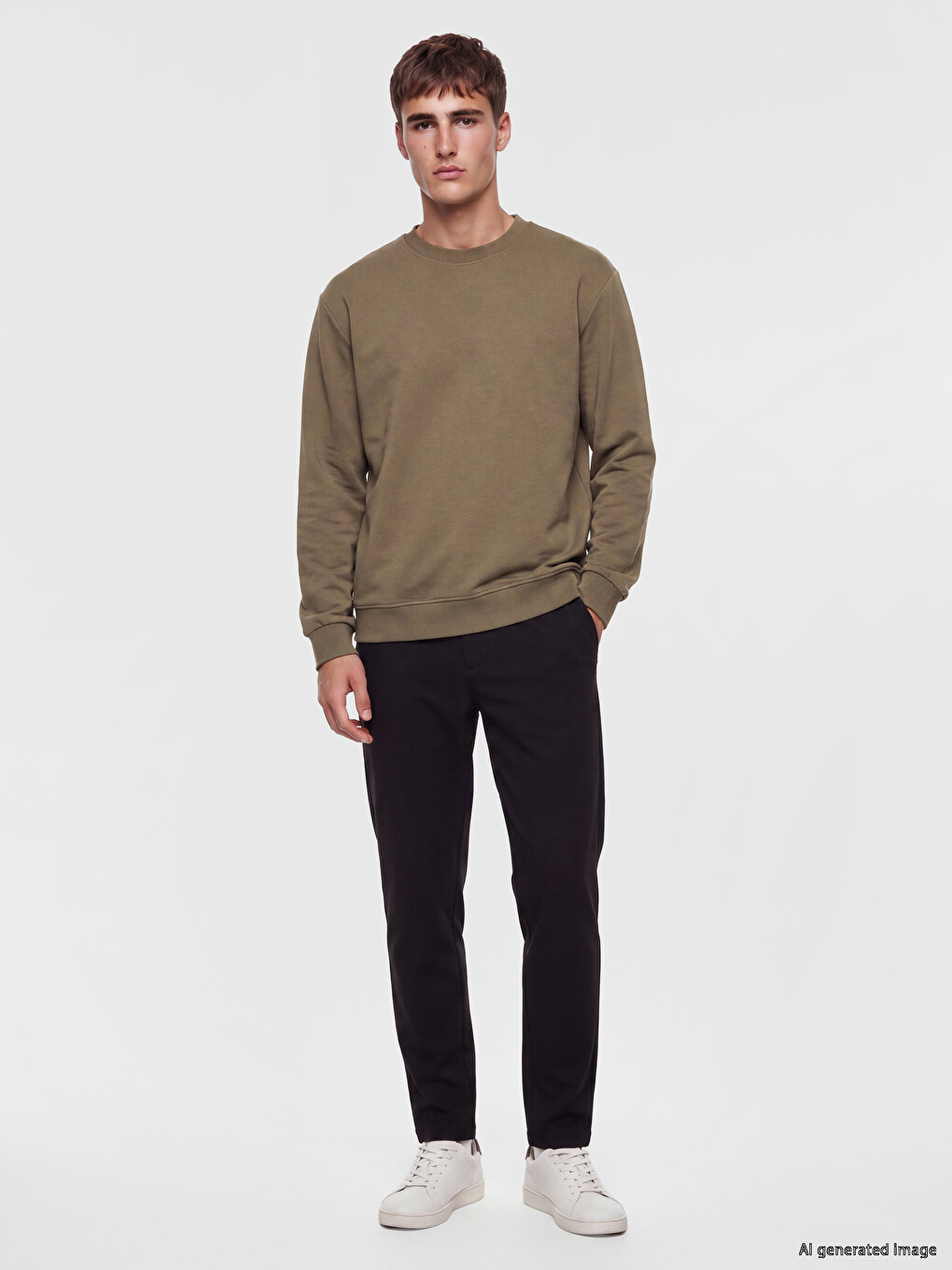 Haki Bisiklet Yaka Erkek Sweatshirt-1