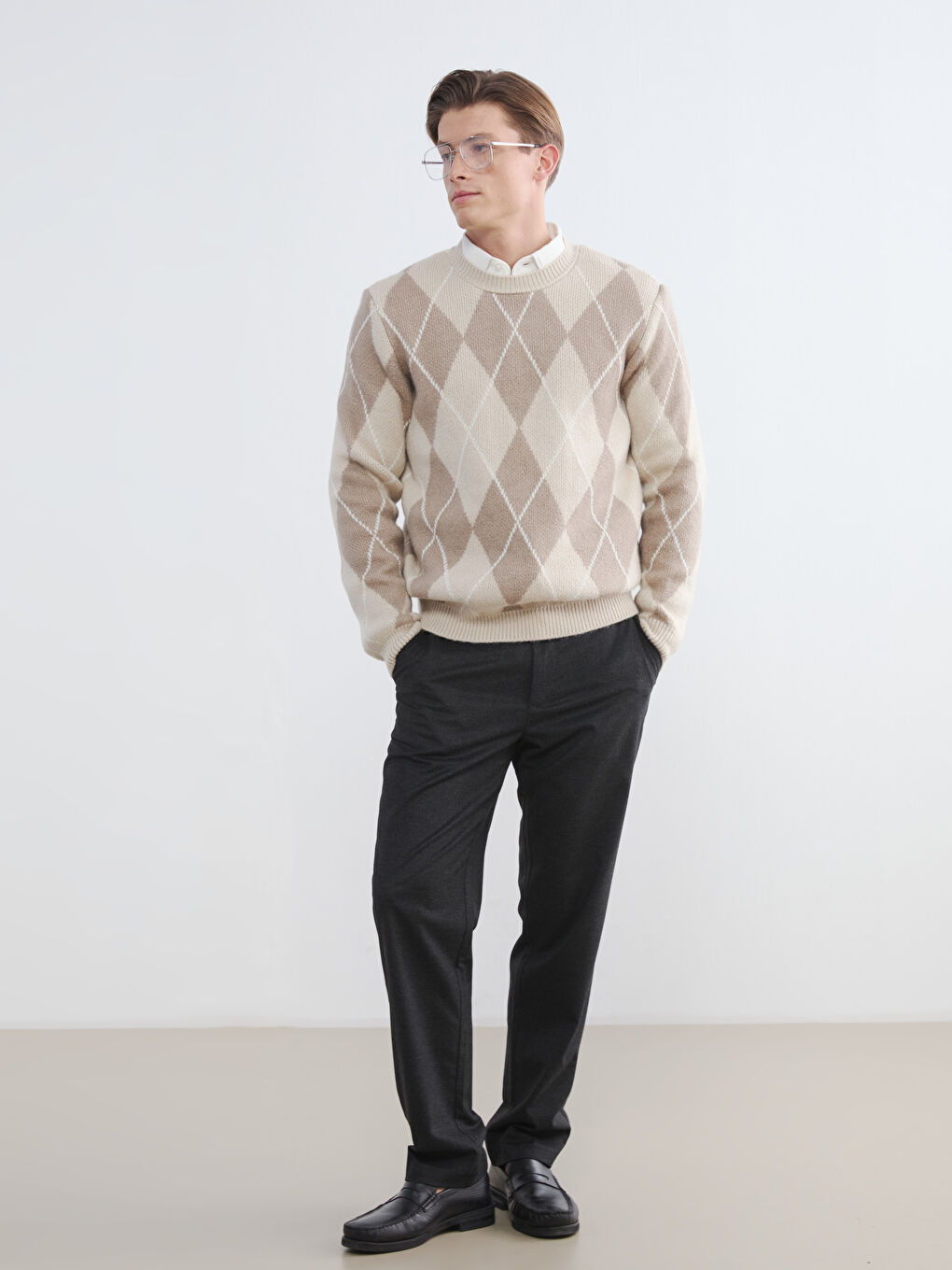 Bej Bisiklet Yaka Baklava Desenli Erkek Triko Kazak-1