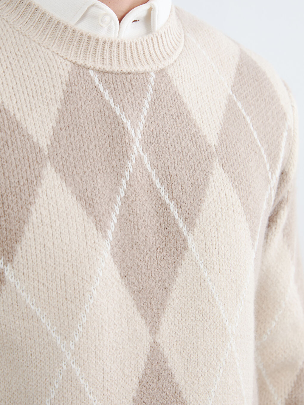 Bej Bisiklet Yaka Baklava Desenli Erkek Triko Kazak-2