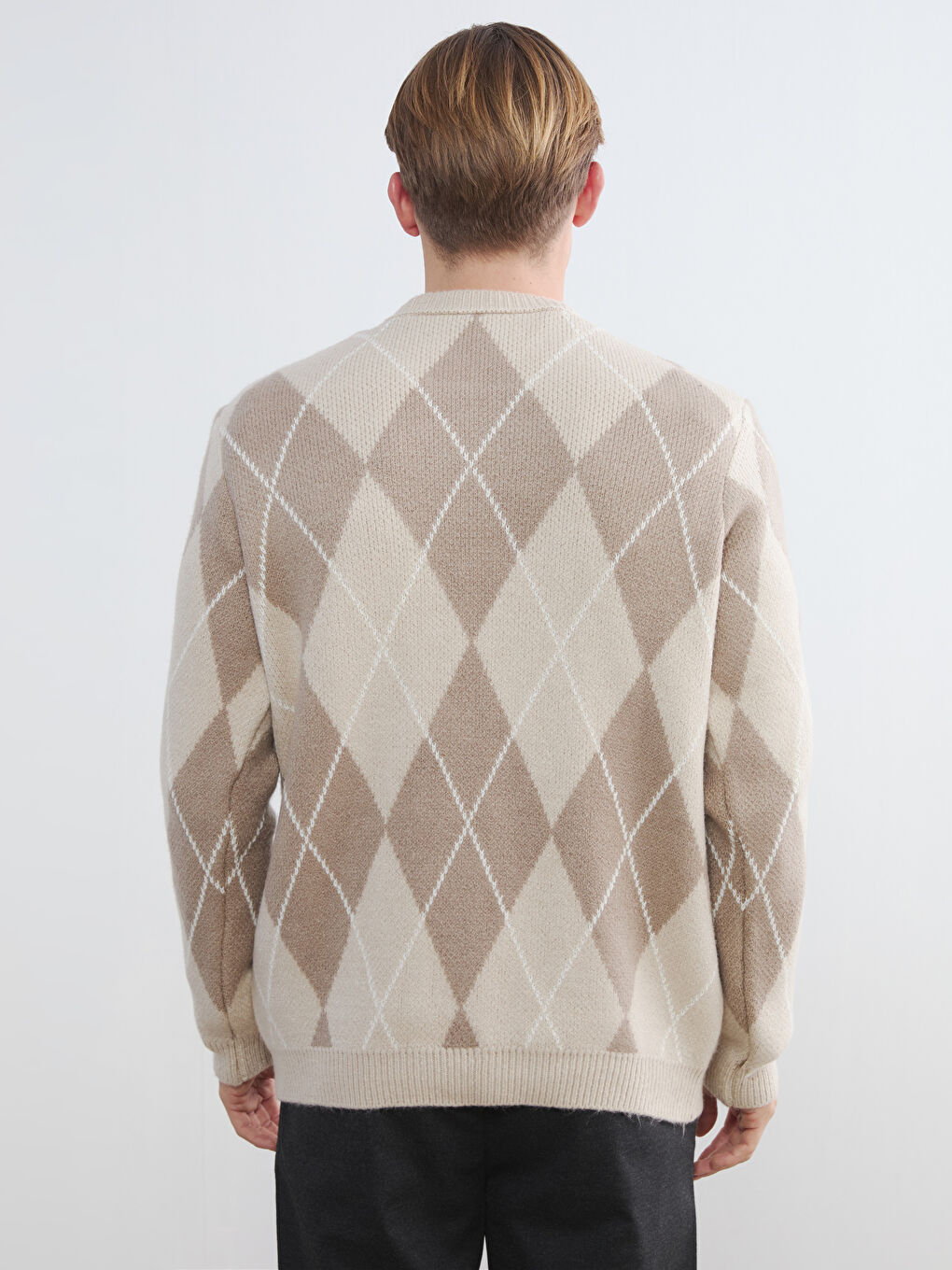 Bej Bisiklet Yaka Baklava Desenli Erkek Triko Kazak-3