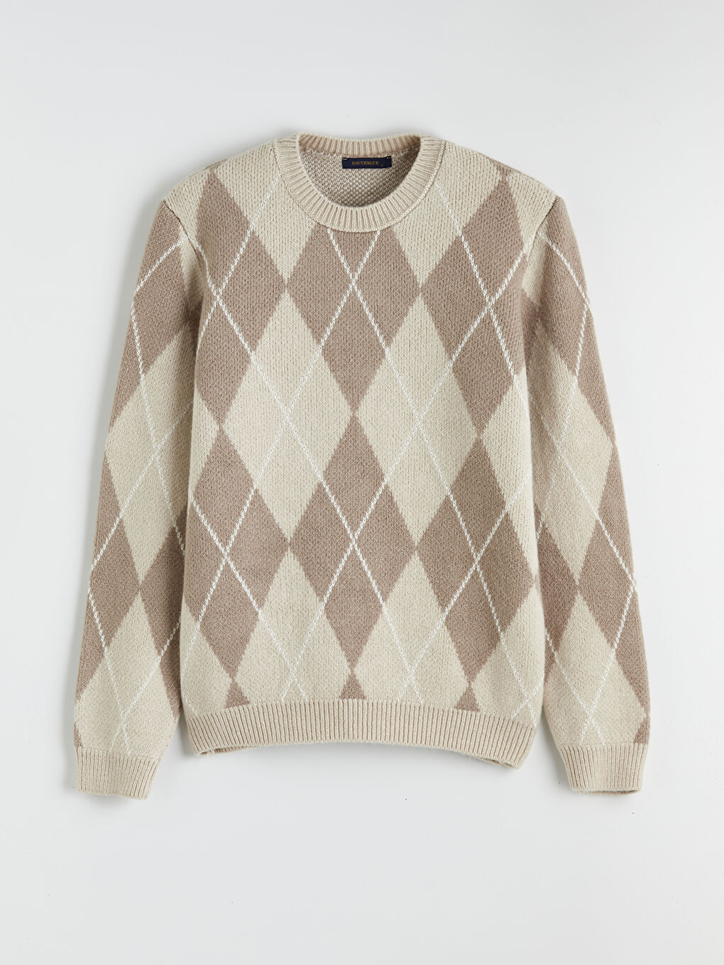 Bej Bisiklet Yaka Baklava Desenli Erkek Triko Kazak