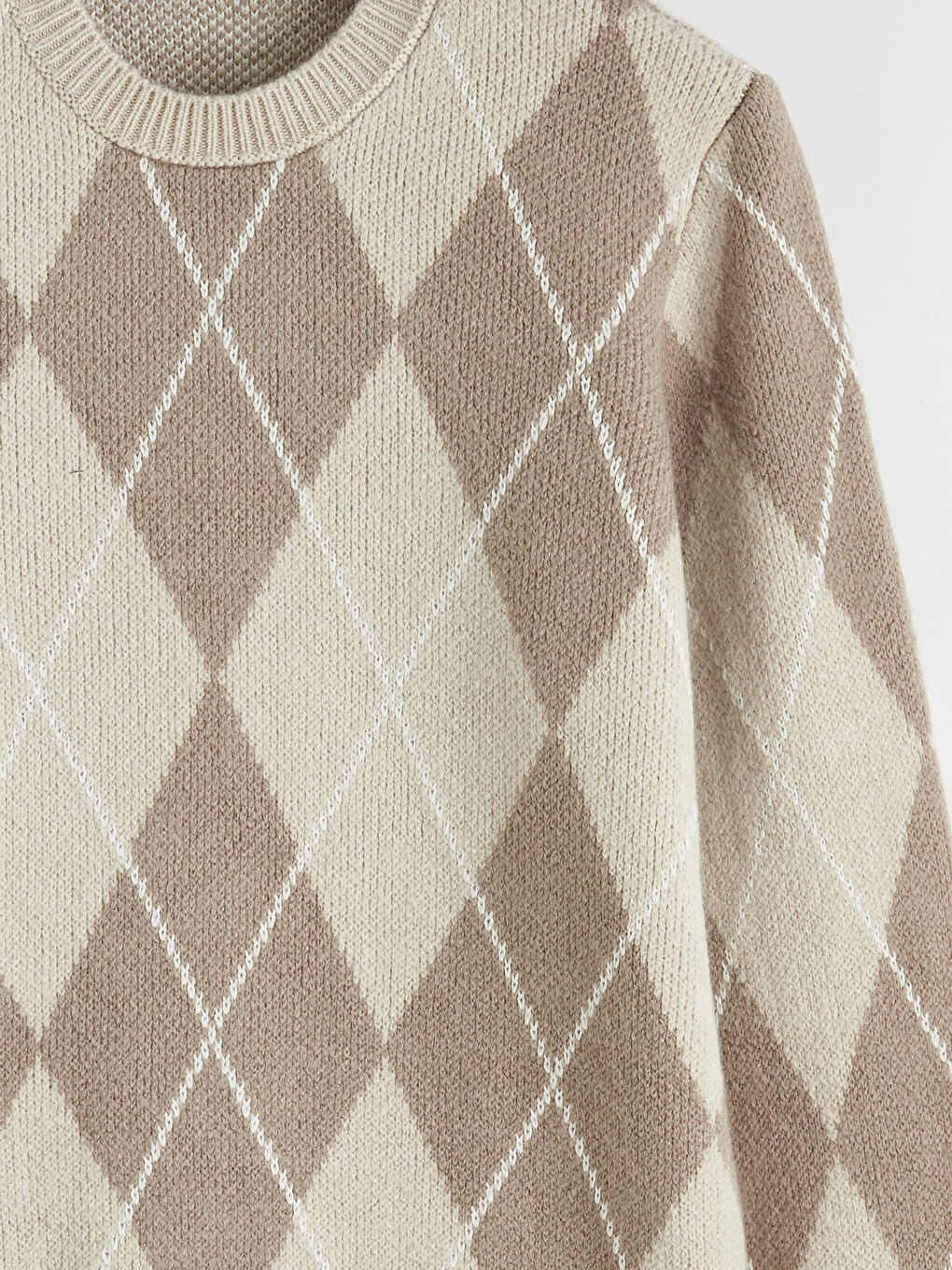 Bej Bisiklet Yaka Baklava Desenli Erkek Triko Kazak-1