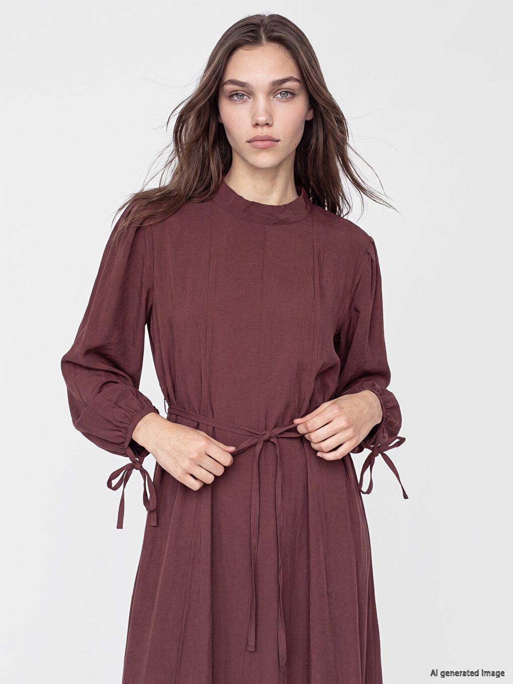 Robe En Mélange De Modal À Col Montant Avec Ceinture À Nouer-1