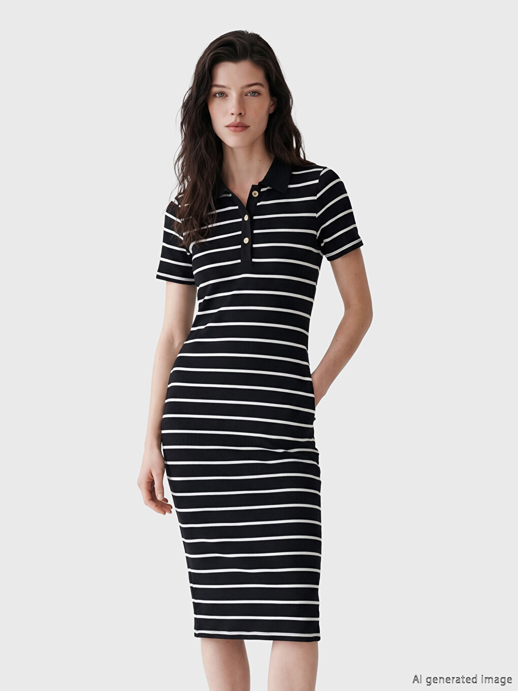 Polo Collar Striped Bodycon Dress-1