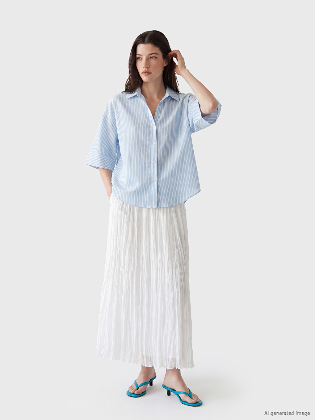 Çizgili Oversize Poplin Kadın Gömlek-1
