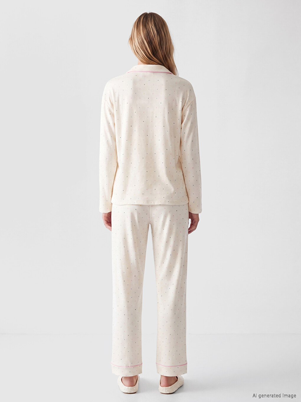 Collared Neck Long Sleeved Patterned Women's Pyjamas Set-3
