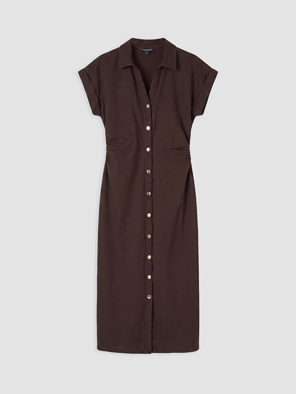 Shirt Collar Waist Shirred Midi Dress-3