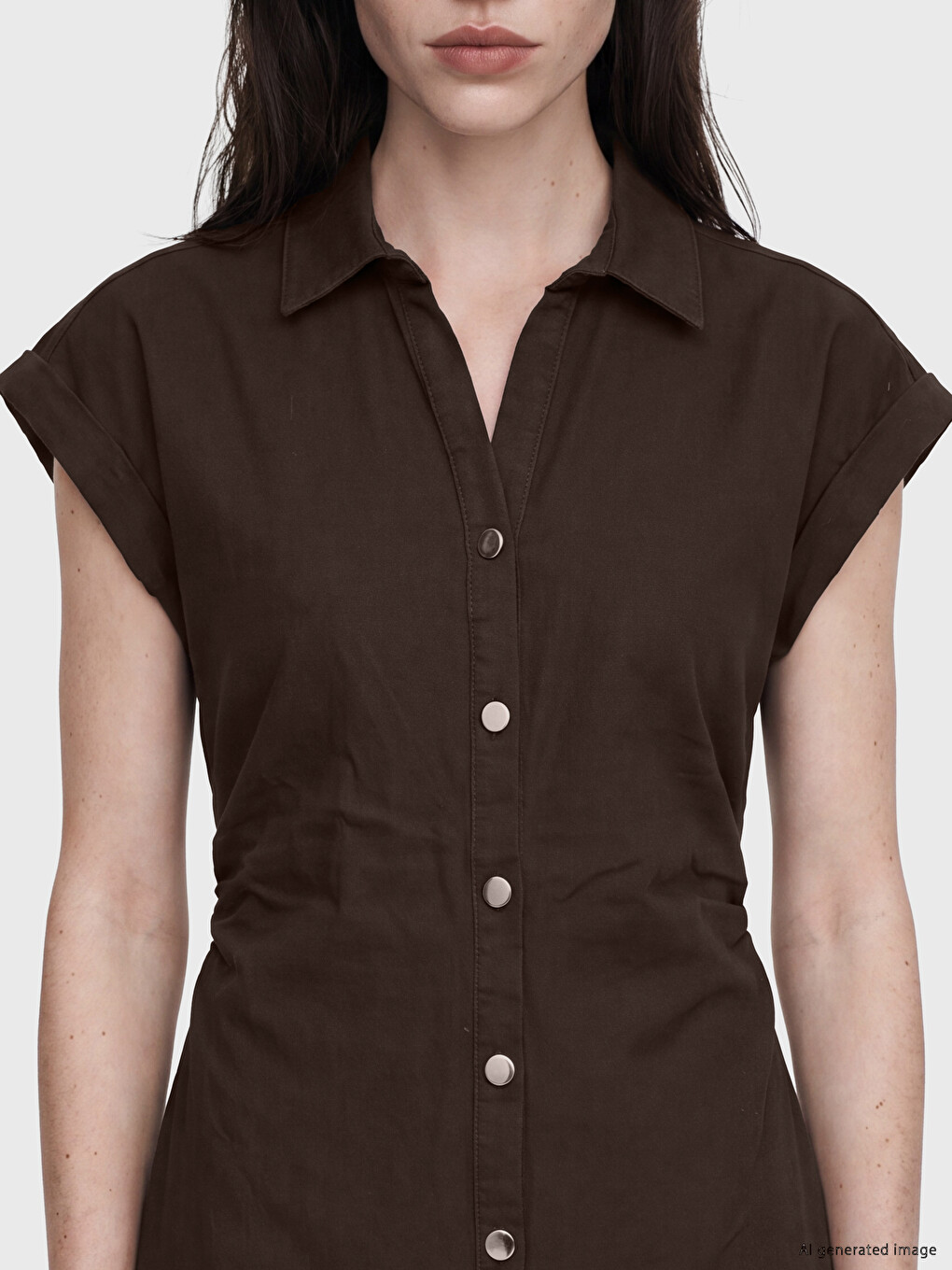 Shirt Collar Waist Shirred Midi Dress-1