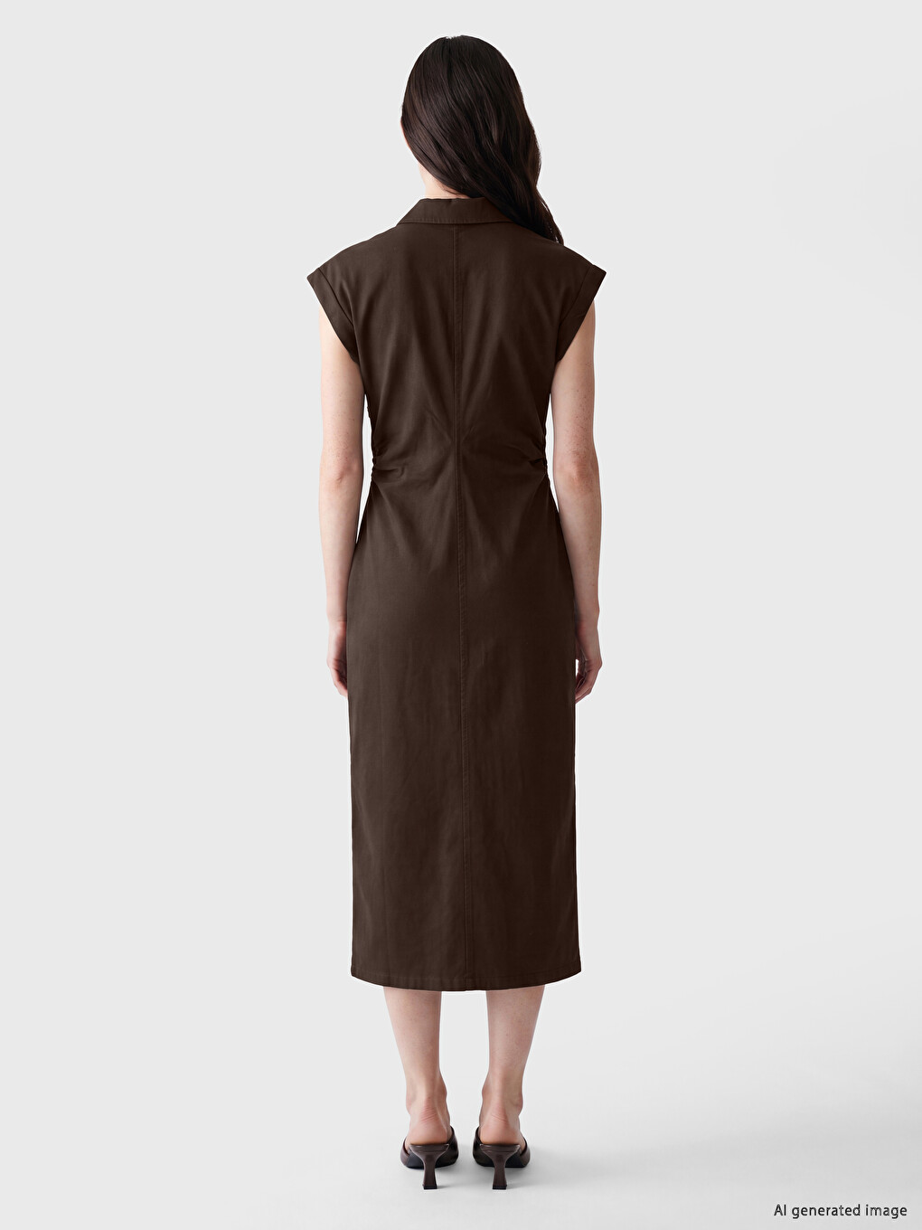 Shirt Collar Waist Shirred Midi Dress-2
