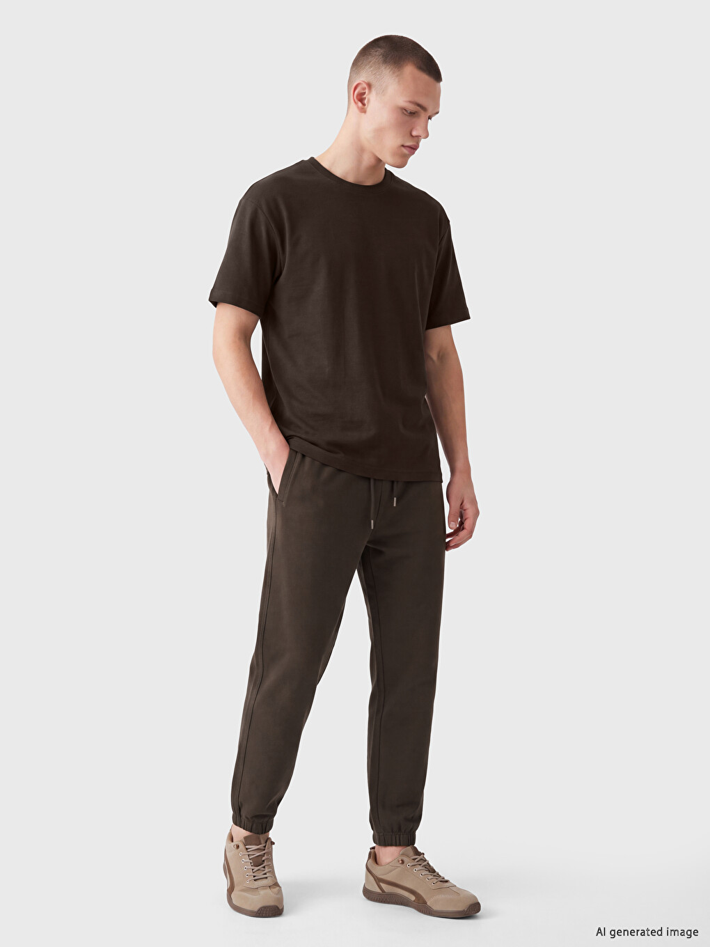Kahverengi Oversize Fit Bisiklet Yaka Erkek Tişört-1