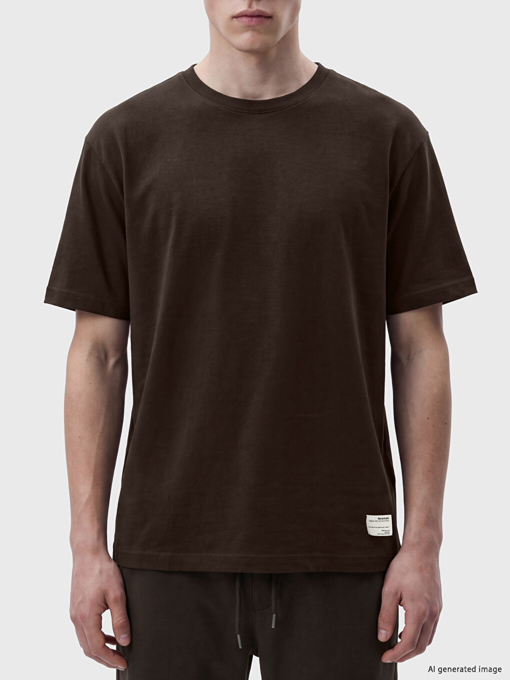 Kahverengi Oversize Fit Bisiklet Yaka Erkek Tişört-2
