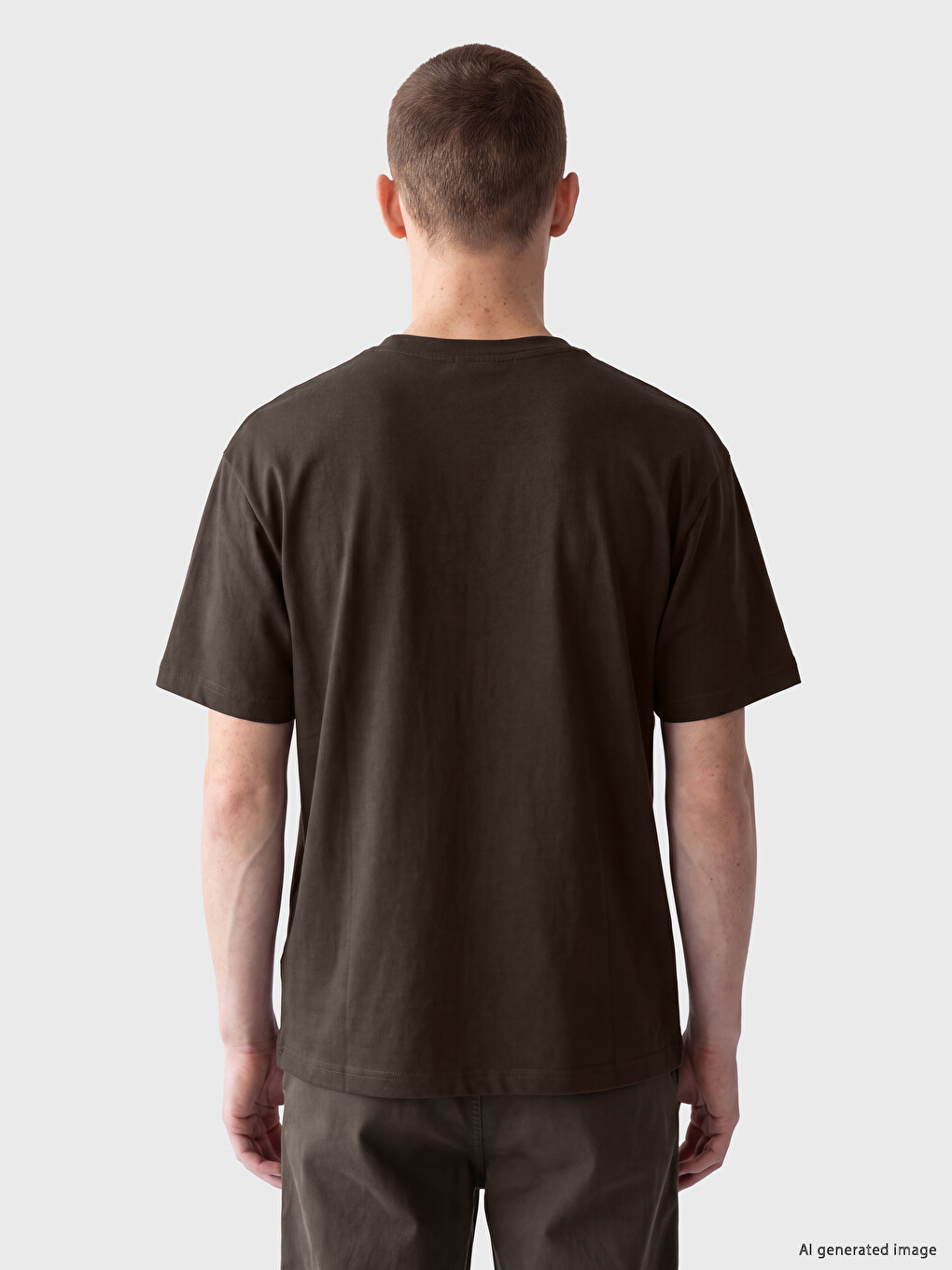 Kahverengi Oversize Fit Bisiklet Yaka Erkek Tişört-3