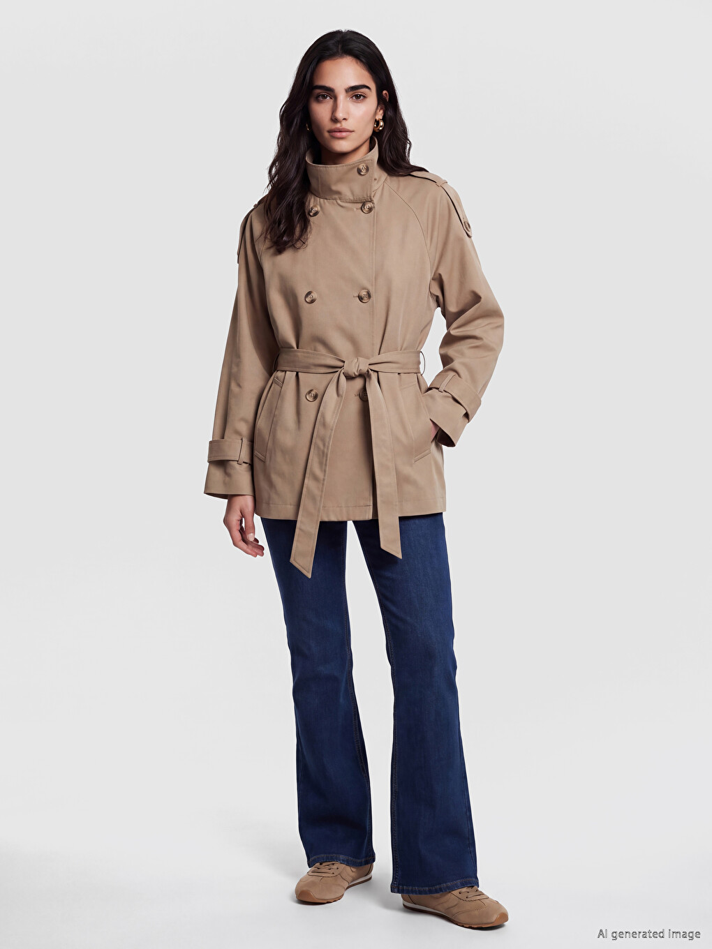 Mock Neck Belted Women's Trench Coat-1