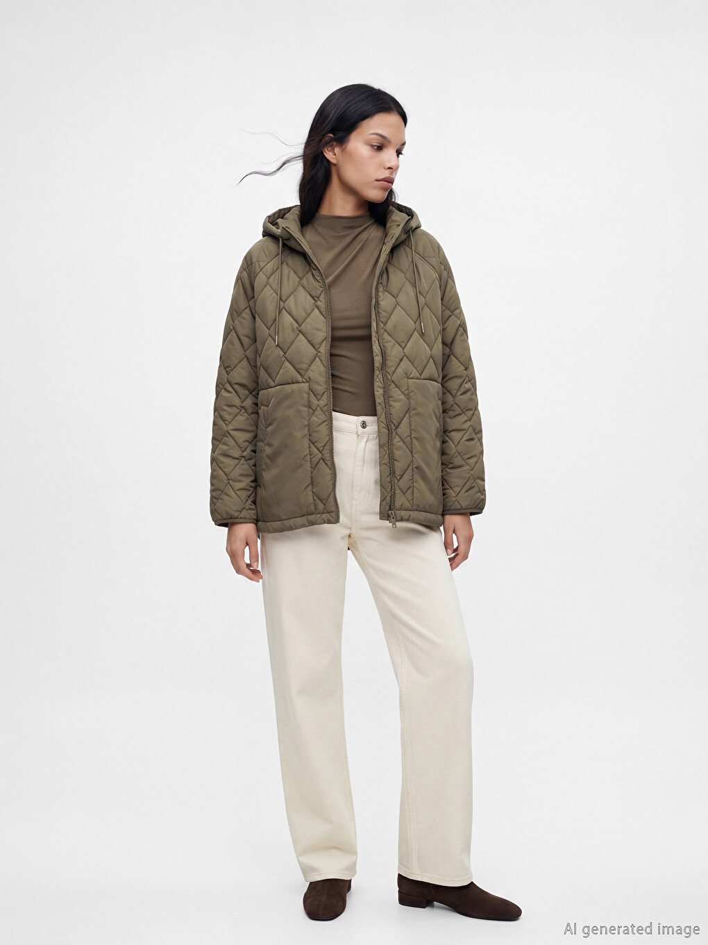 Ženska Puffer Jakna S Kapuljačom S Argyle Uzorkom-1