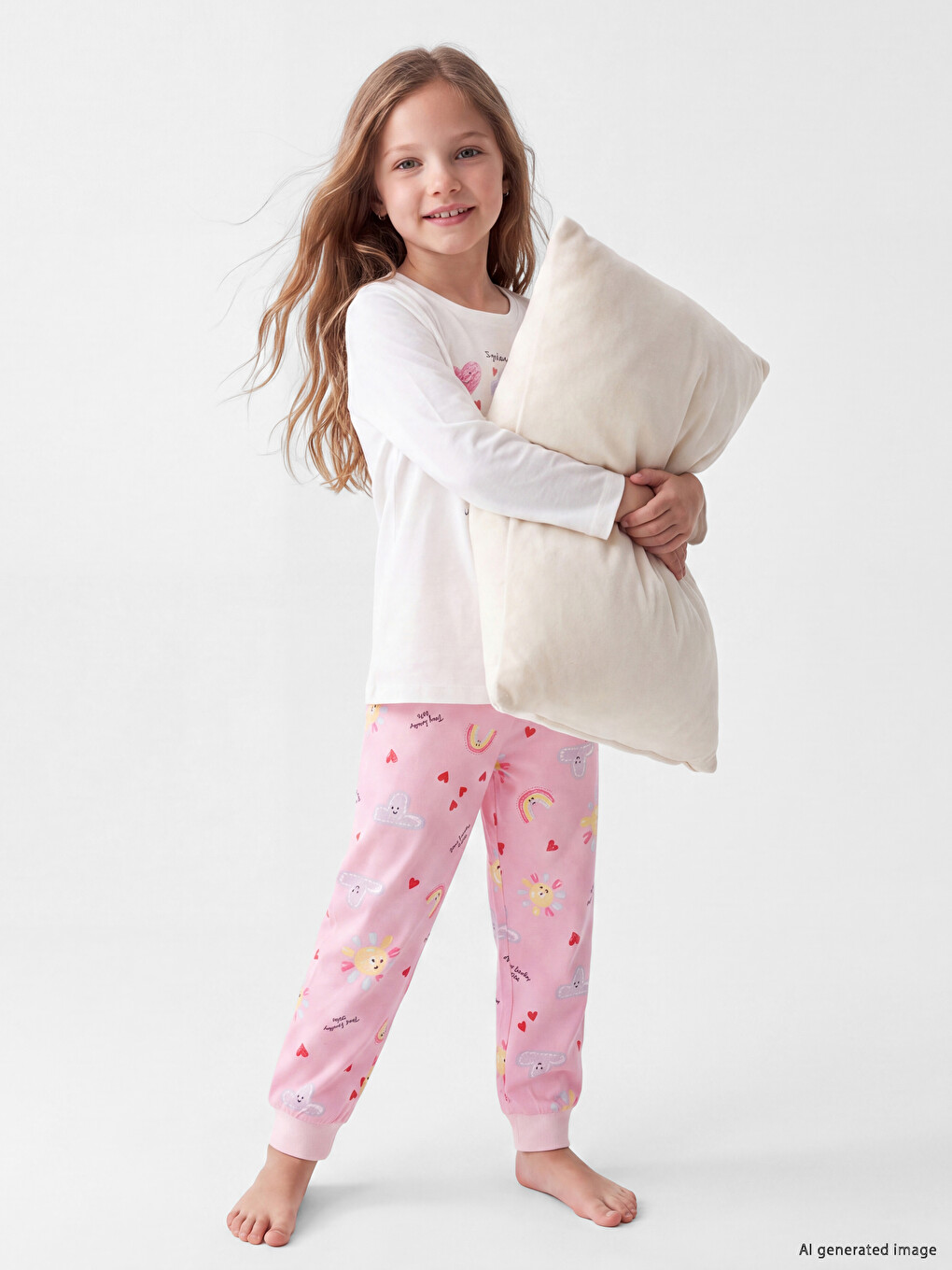 Ekru Bisiklet Yaka Baskılı Kız Çocuk Pijama Takım