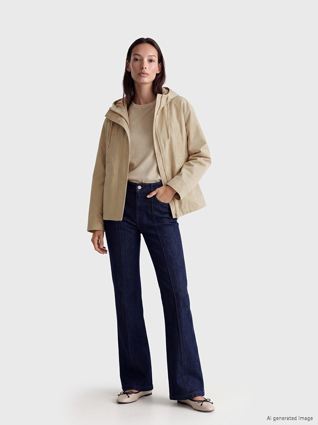 Bej Kapüşonlu Oversize Kadın Yağmurluk-1