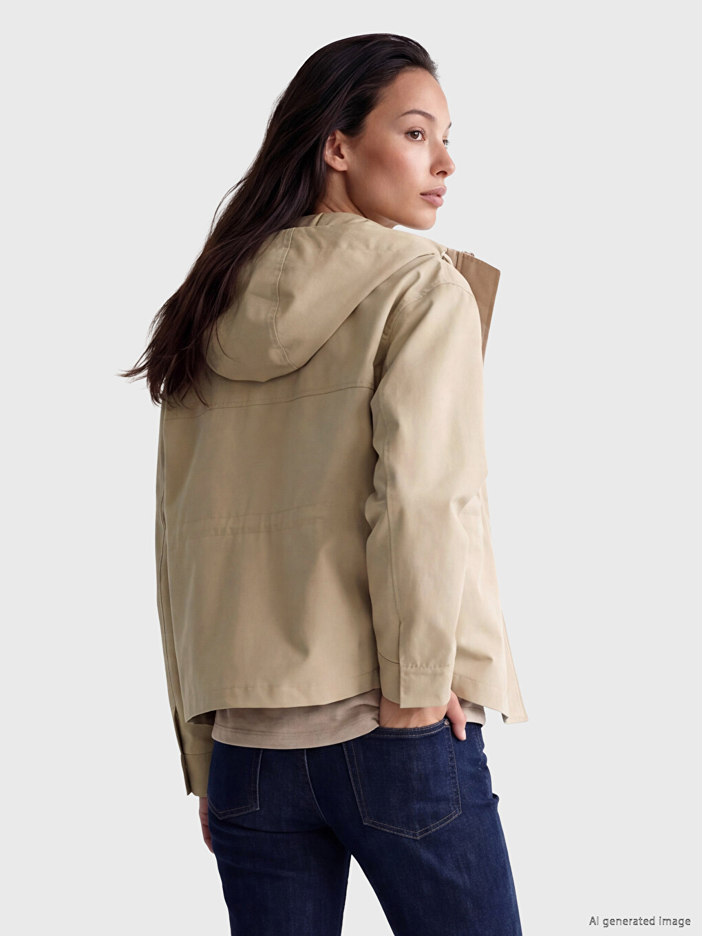 Bej Kapüşonlu Oversize Kadın Yağmurluk-2