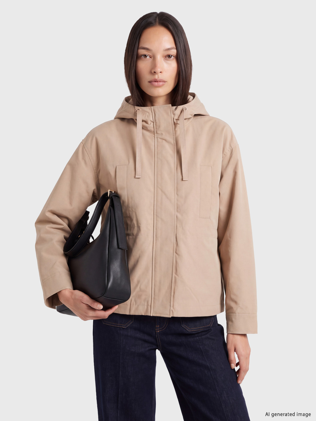 Bej Kapüşonlu Oversize Kadın Yağmurluk