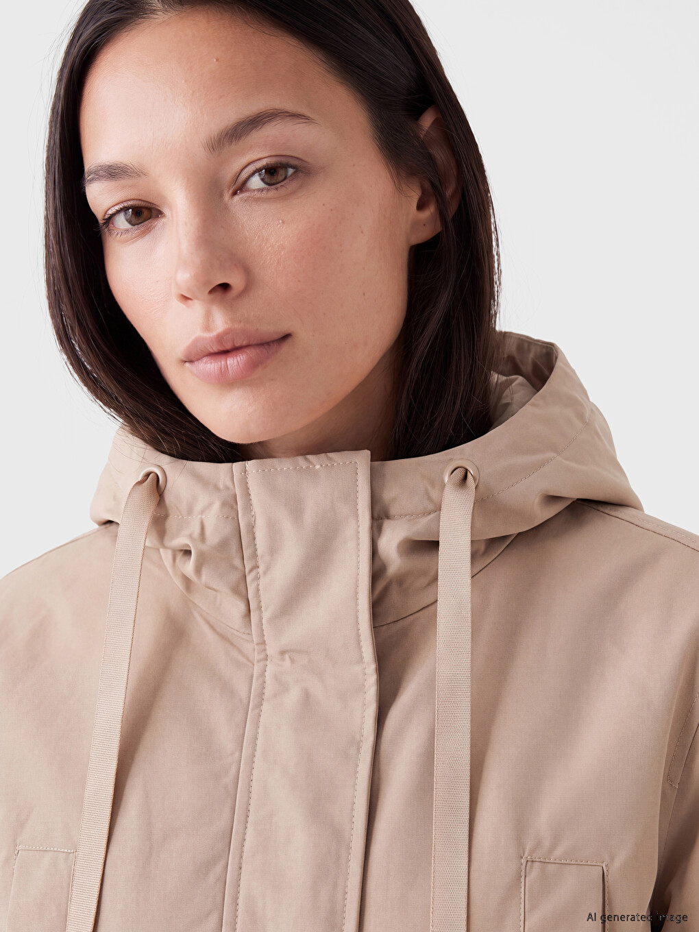 Bej Kapüşonlu Oversize Kadın Yağmurluk-2