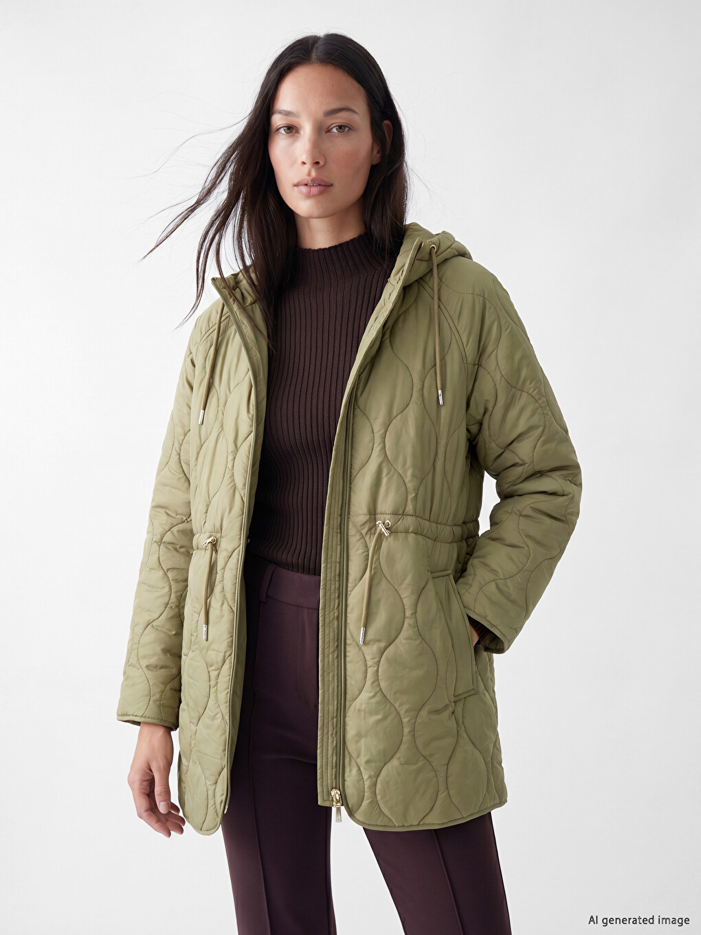 Haki Kapüşonlu Oversize Kadın Şişme Mont