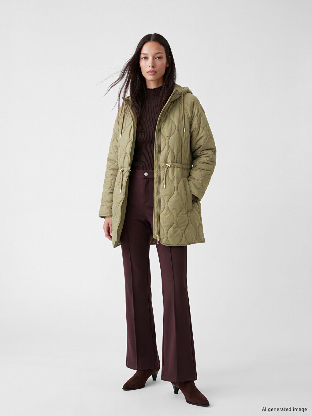 Haki Kapüşonlu Oversize Kadın Şişme Mont-1