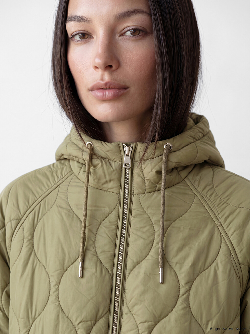 Haki Kapüşonlu Oversize Kadın Şişme Mont-2