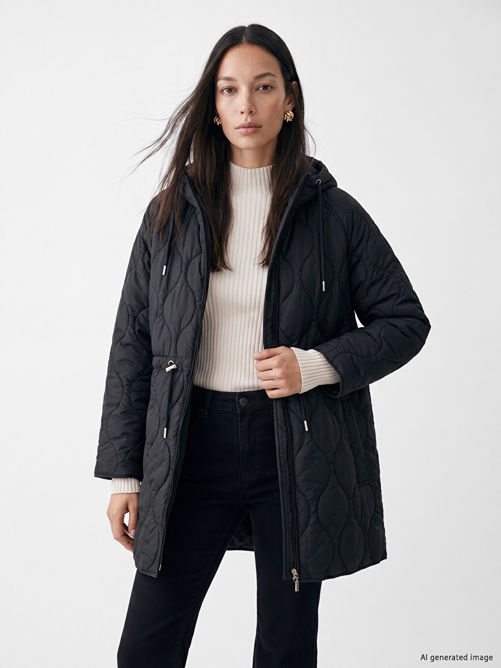 Siyah Kapüşonlu Oversize Kadın Şişme Mont