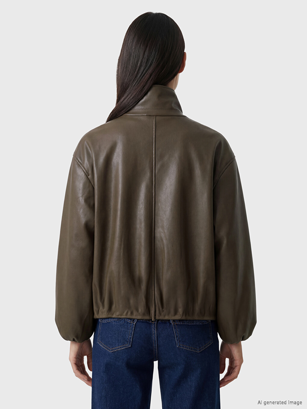 Kahverengi Oversize Kadın Bomber Deri Görünümlü Ceket-4