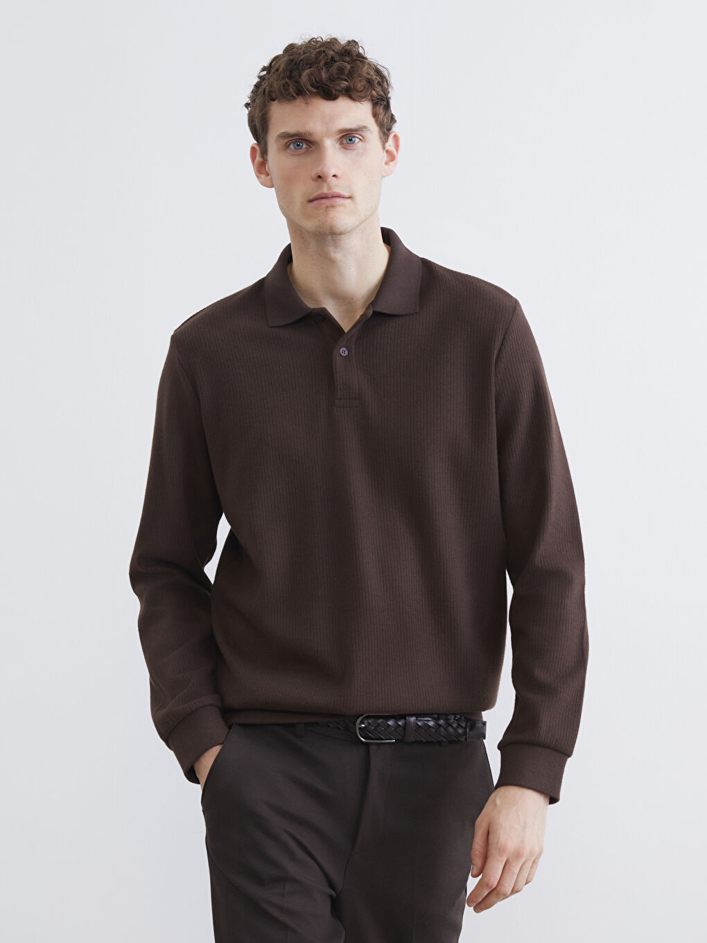 Kahverengi Polo Yaka Erkek Sweatshirt