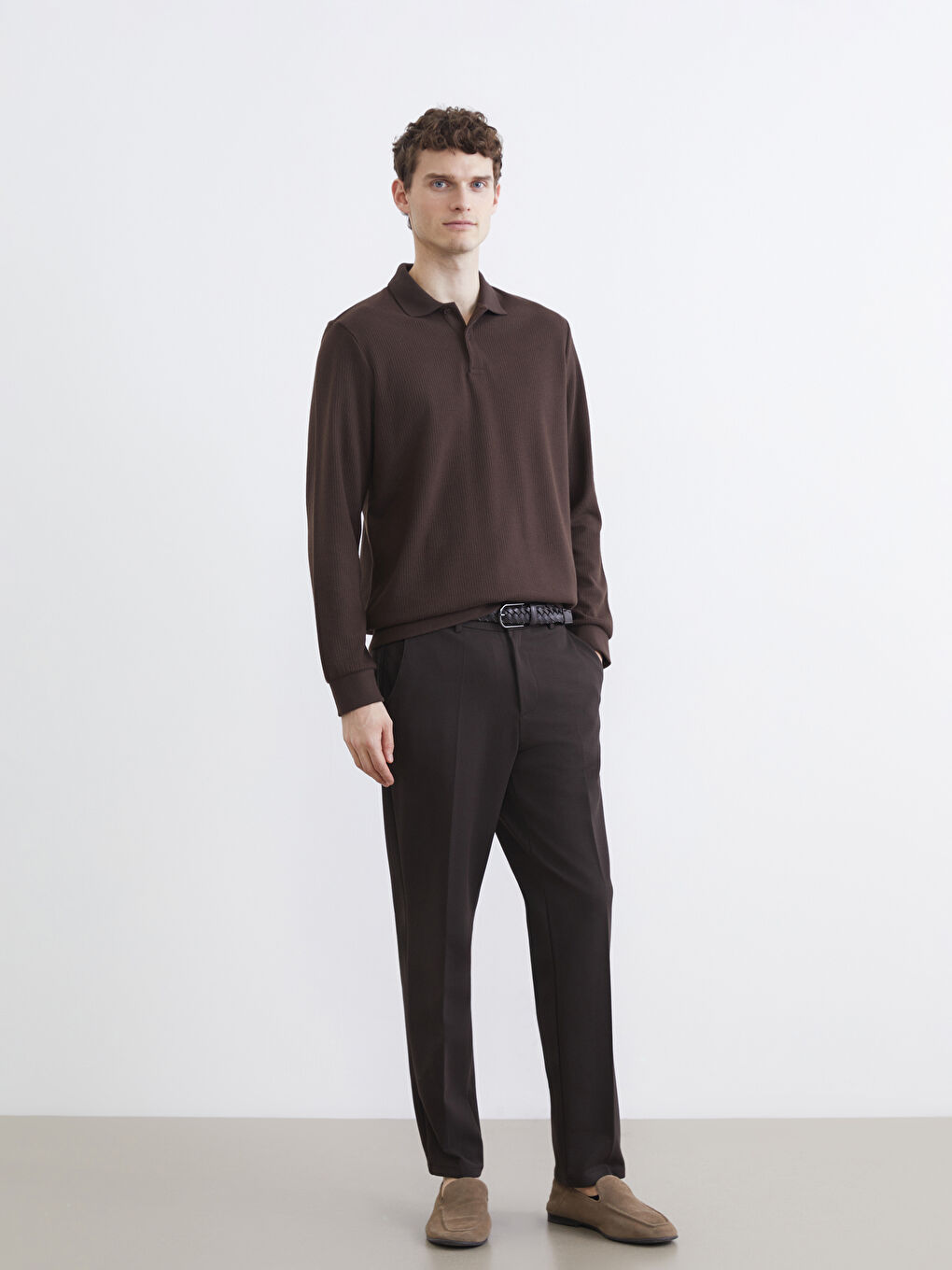 Kahverengi Polo Yaka Erkek Sweatshirt-1