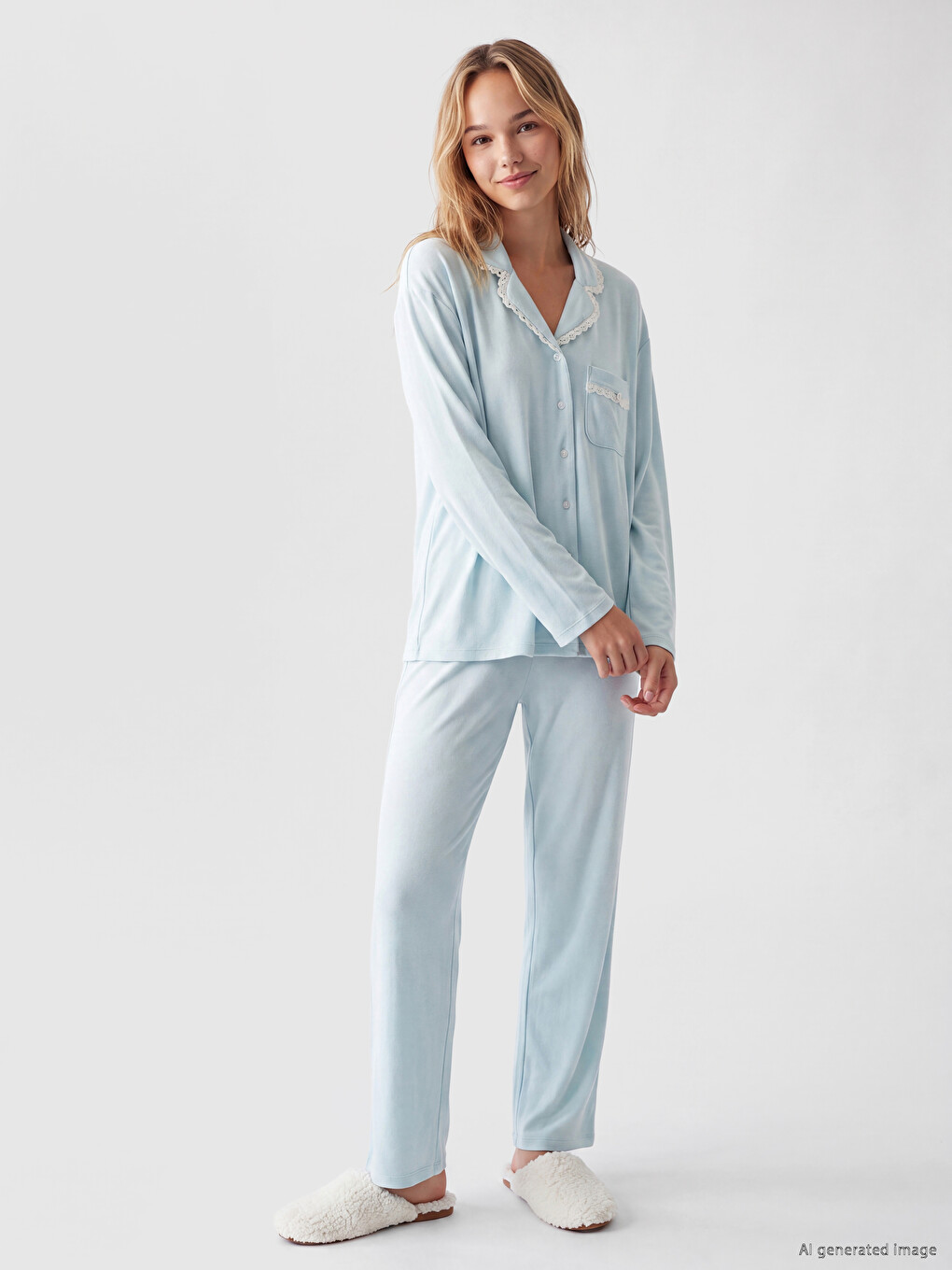 Collared Neck Plush Women's Pyjamas Set