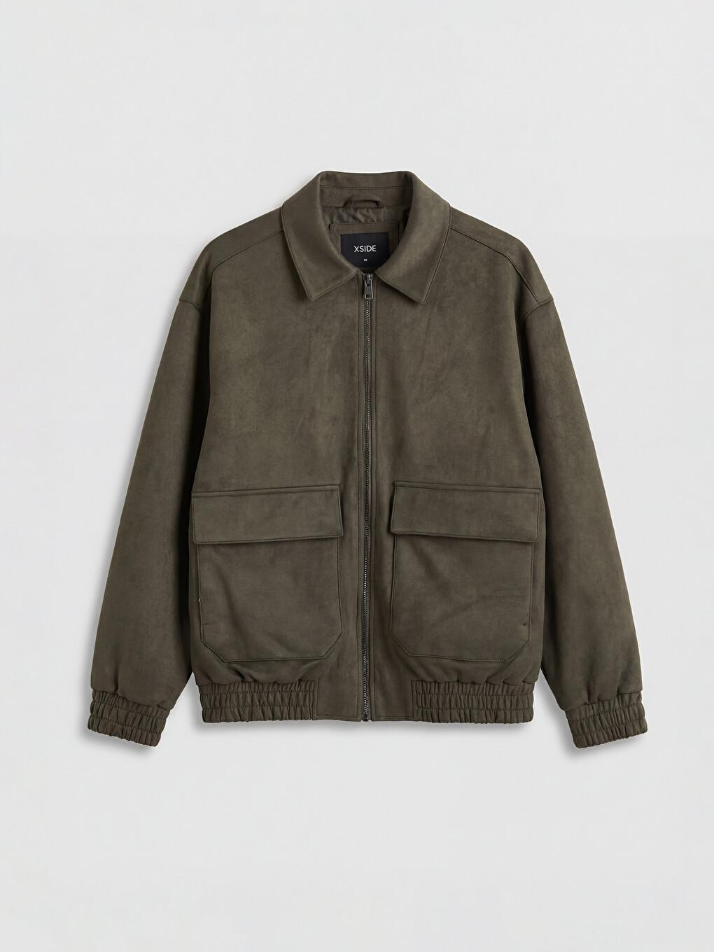 Haki Loose Fit Gömlek Yaka Erkek Deri Görünümlü Mont-4