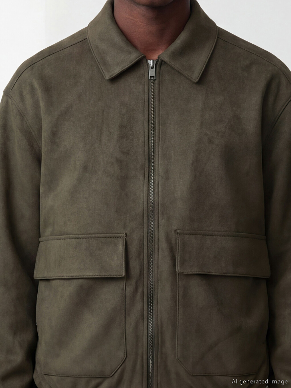 Haki Loose Fit Gömlek Yaka Erkek Deri Görünümlü Mont-2