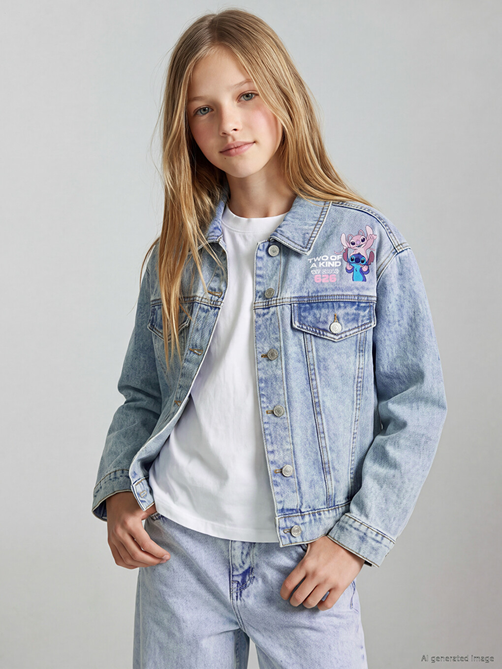 Stitch Baskılı Kız Çocuk Jean Ceket-1