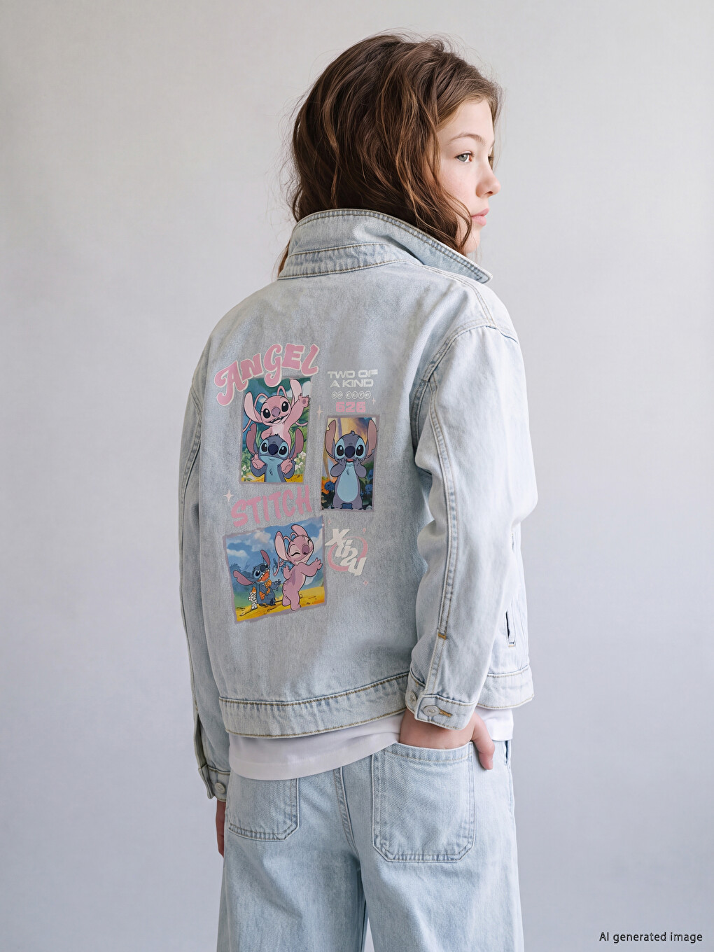  Stitch Baskılı Kız Çocuk Jean Ceket