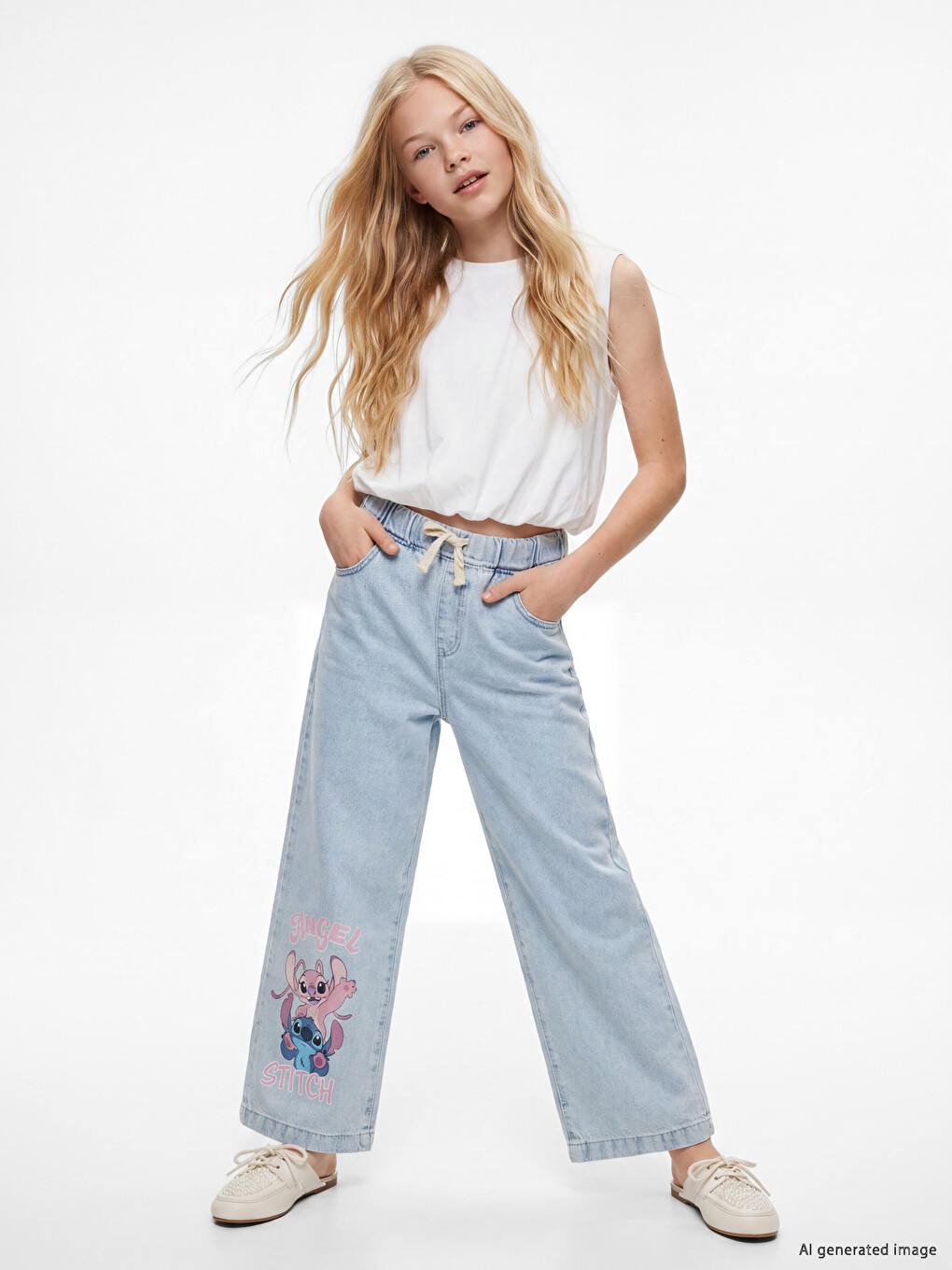 Xhinse Të Gjera Me Stitch Dhe Angel Të Stampuara Për Vajza
