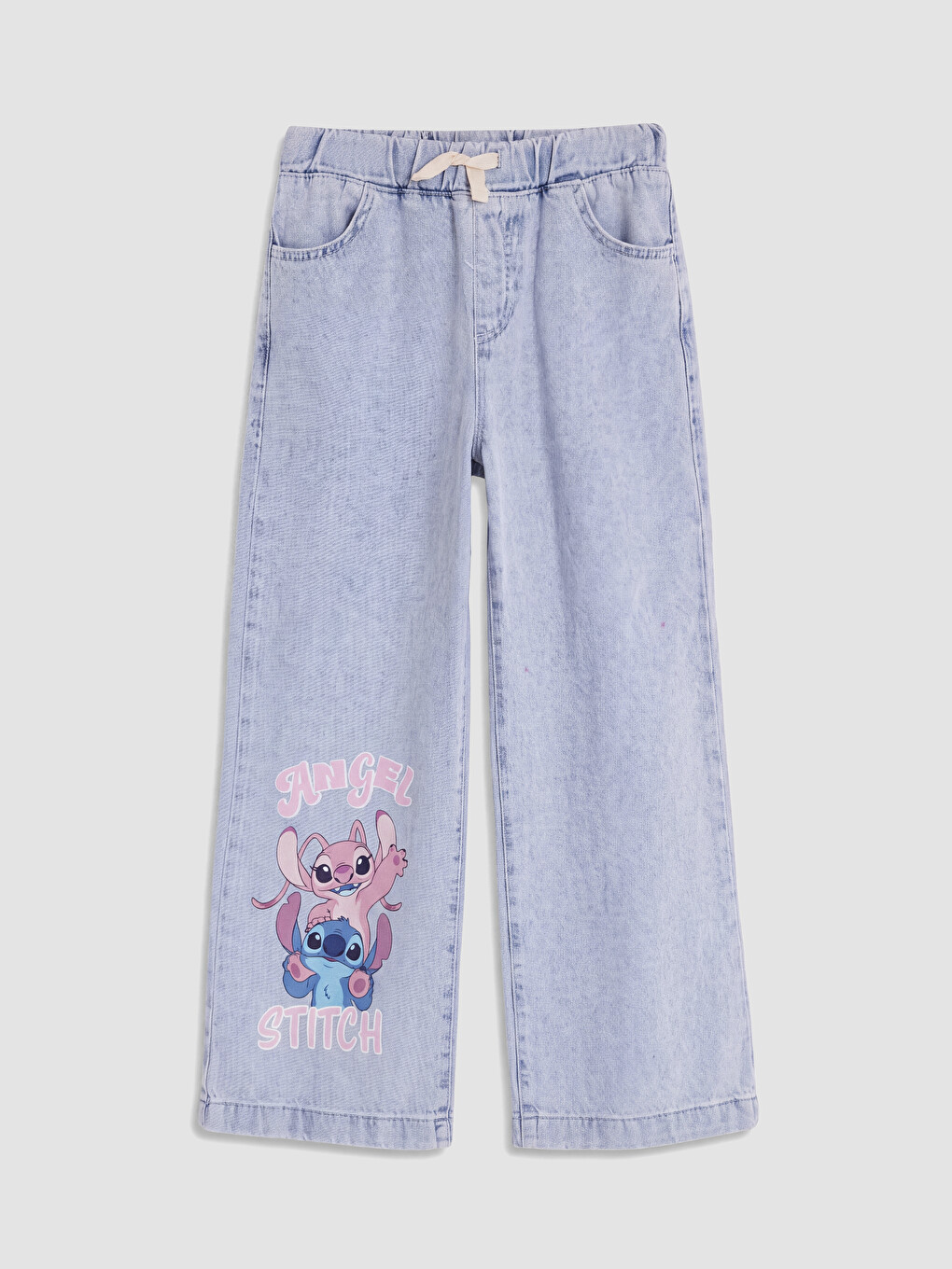 Mavi Wideleg Stitch Ve Angel Baskılı Kız Çocuk Jean Pantolon