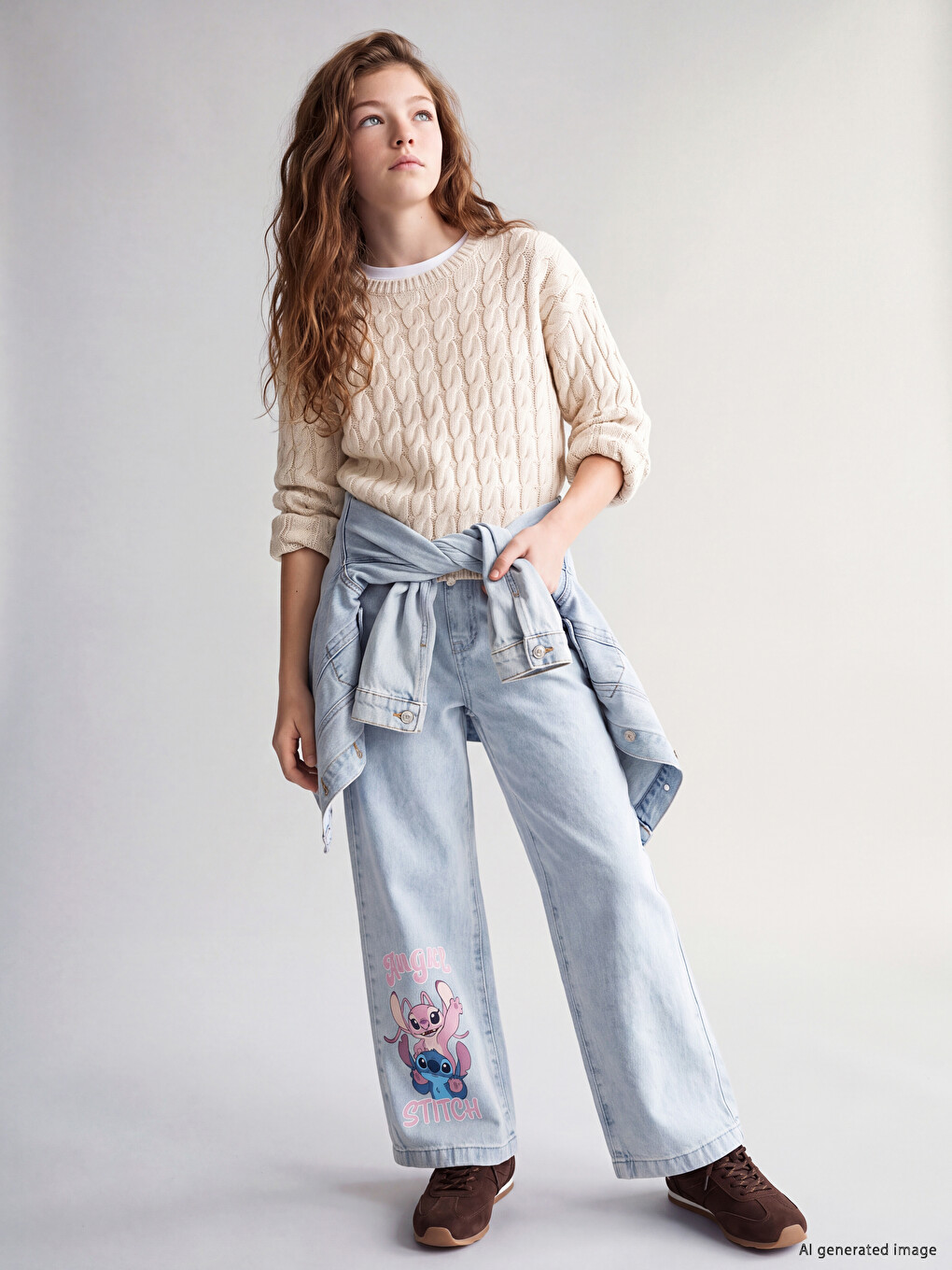Mavi Wideleg Stitch Ve Angel Baskılı Kız Çocuk Jean Pantolon-1