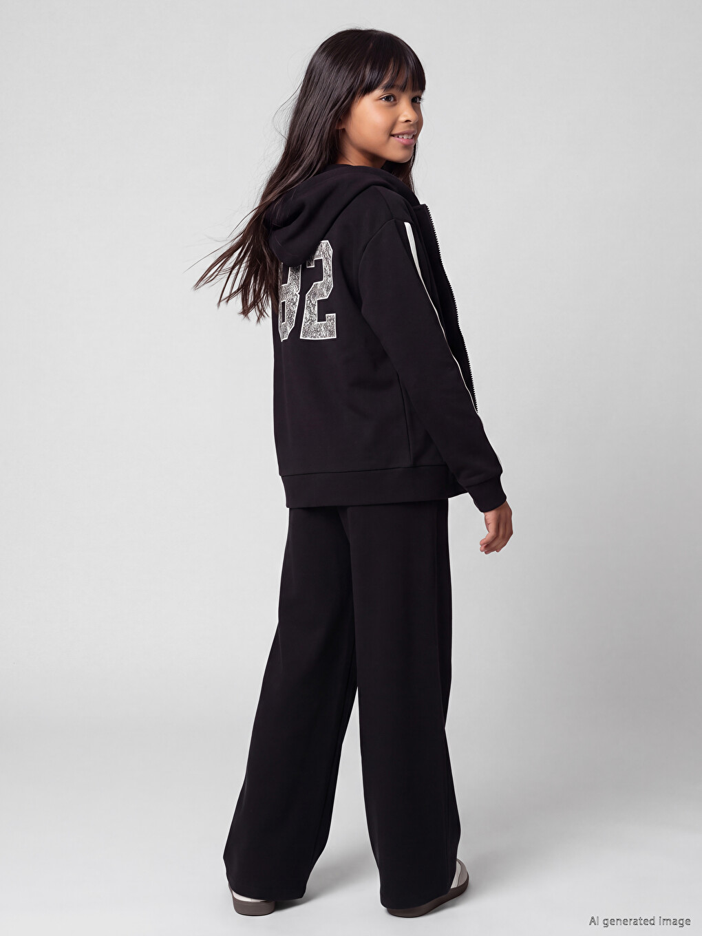 Siyah Kapüşonlu Kız Çocuk Fermuarlı Sweatshirt
