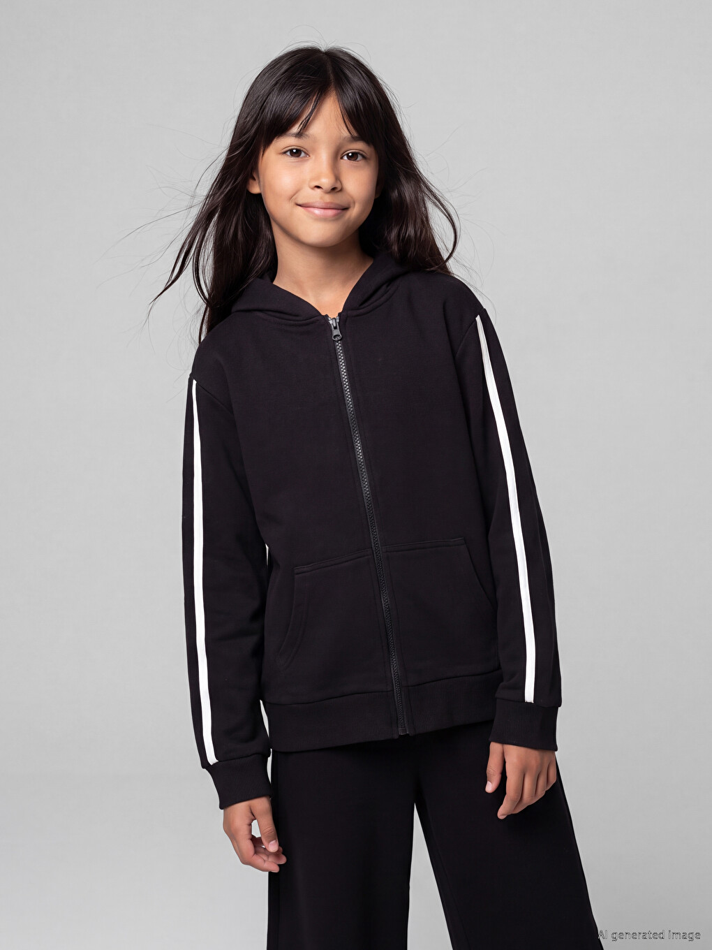 Siyah Kapüşonlu Kız Çocuk Fermuarlı Sweatshirt-1