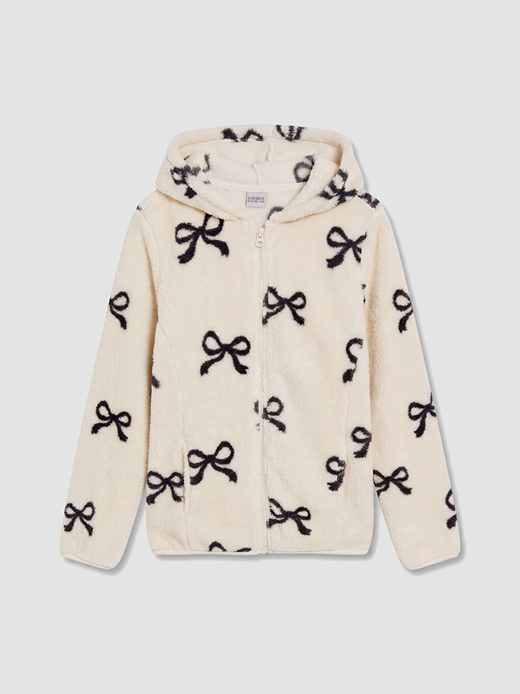 Bej Kapüşonlu Kız Çocuk Pelüş Fermuarlı Sweatshirt