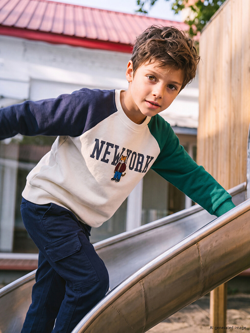 Bej New York Baskılı Erkek Çocuk Sweatshirt