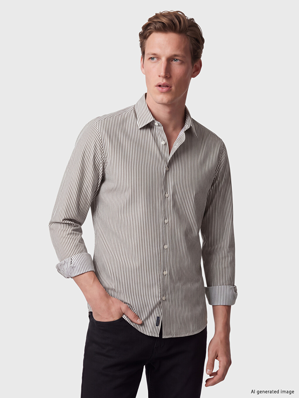 Haki Regular Fit Çizgili Gabardin Erkek Gömlek
