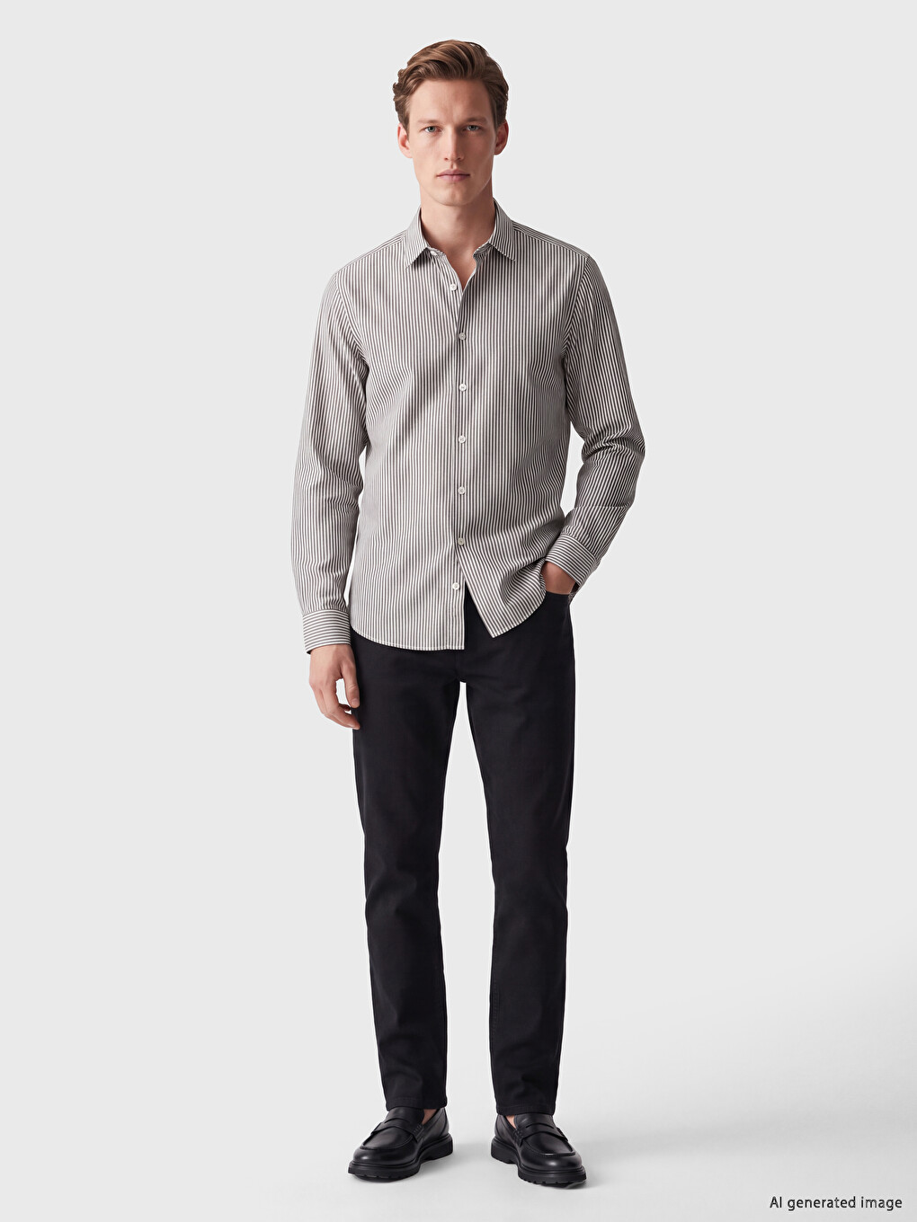 Haki Regular Fit Çizgili Gabardin Erkek Gömlek-1