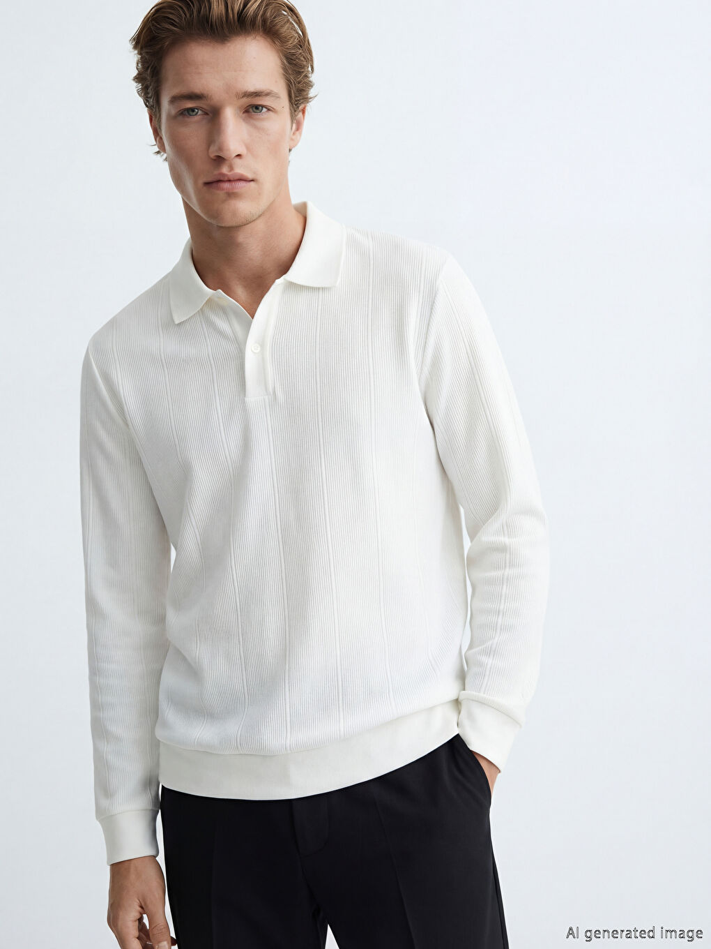 Ekru Polo Yaka Çizgili Erkek Sweatshirt