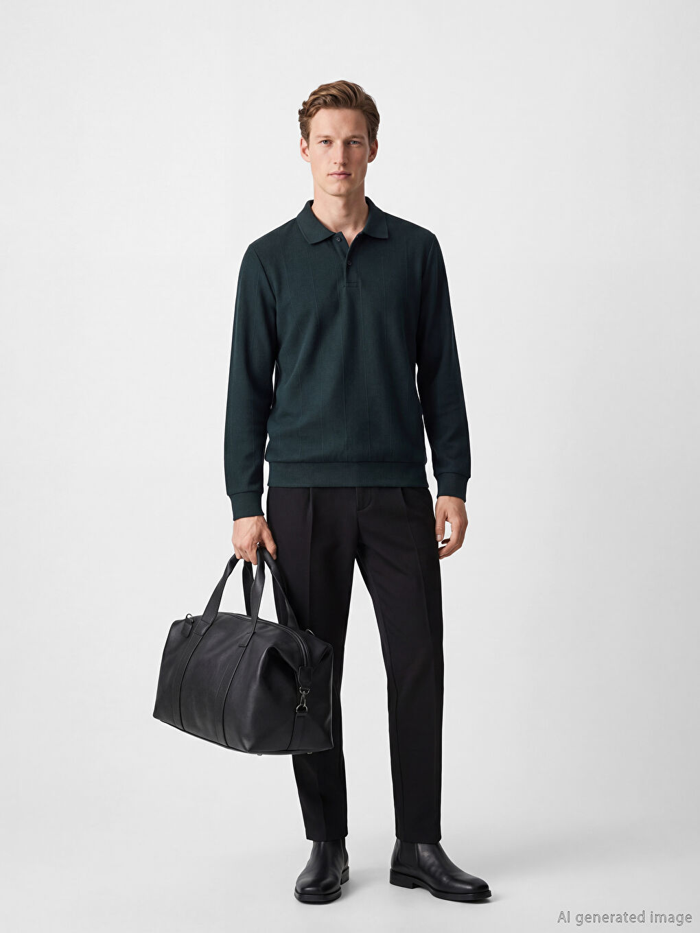 Yeşil Polo Yaka Çizgili Erkek Sweatshirt-1